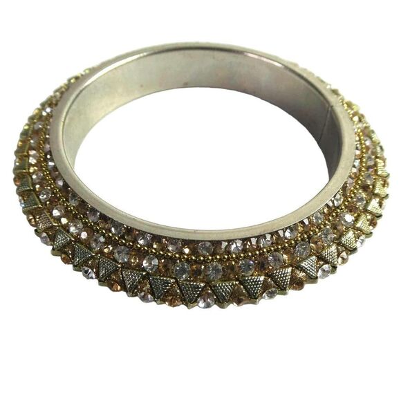 Gold Tone Clear Rhinestone Sparkly Solid Dynamic Bangle Bracelet Bling Jeweled - Picture 1 of 9
